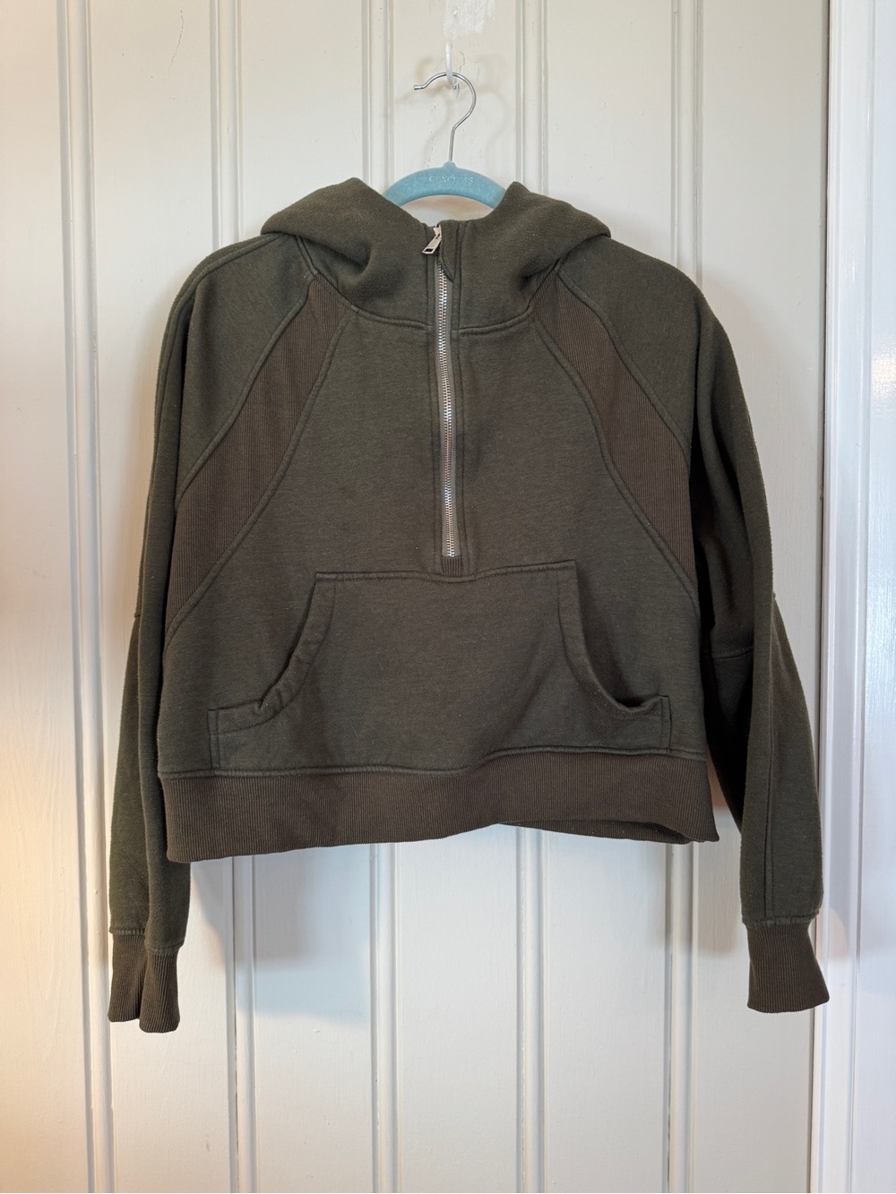Y2K Olive Green Cropped Hoodie Sweatshirt XL Quarter Zip Utility Grunge